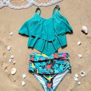 Teal Tiered Flounce Bikini Top with High-Waist Dino Print Bottom